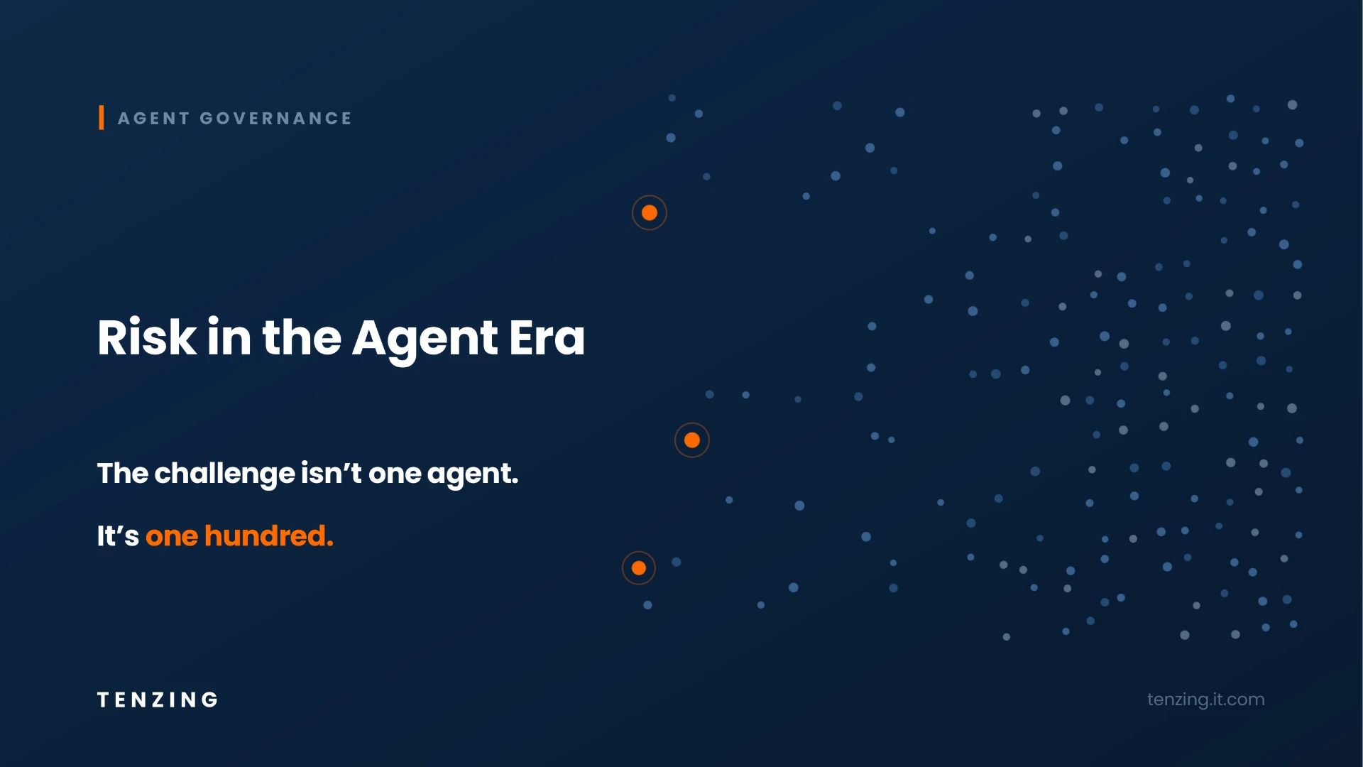 Tenzing title slide reading Risk in the Agent Era, with the line the challenge isn't one agent, it's one hundred, set over a dark navy field of scattered dots.
