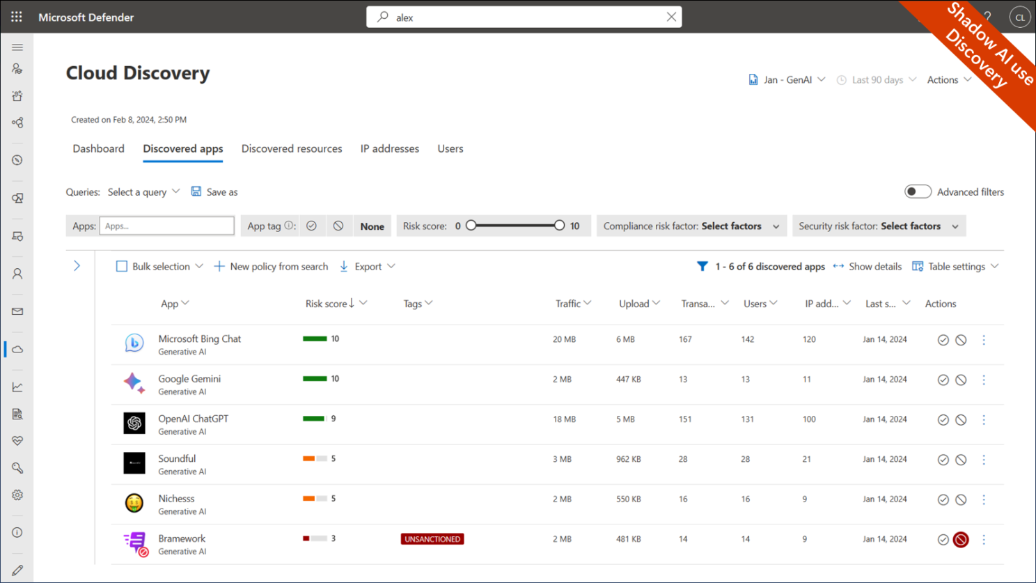 Defender for Cloud Apps showing risk scores for AI applications