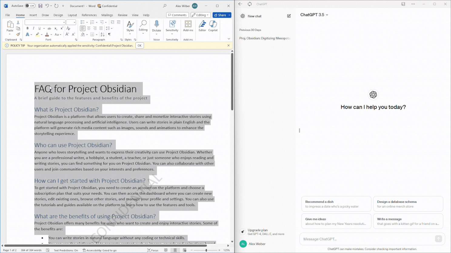 Purview DLP preventing the use of sensitive information in ChatGPT